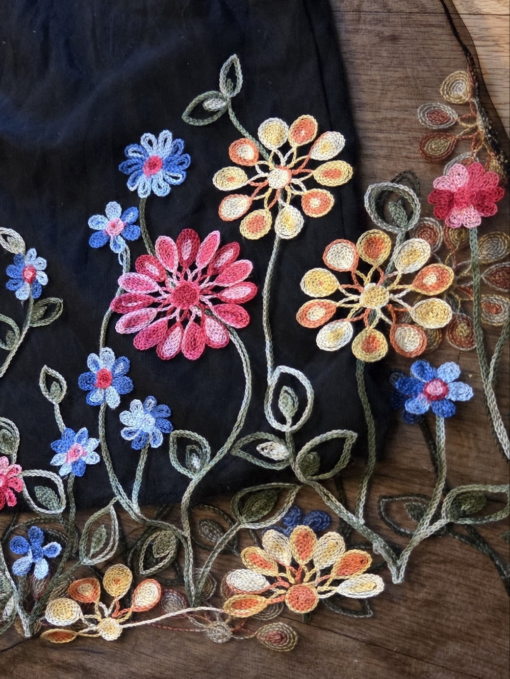Black Sheer Sleeveless Slip Dress with Multi-Color Floral Embroidery - Picture 4 of 5